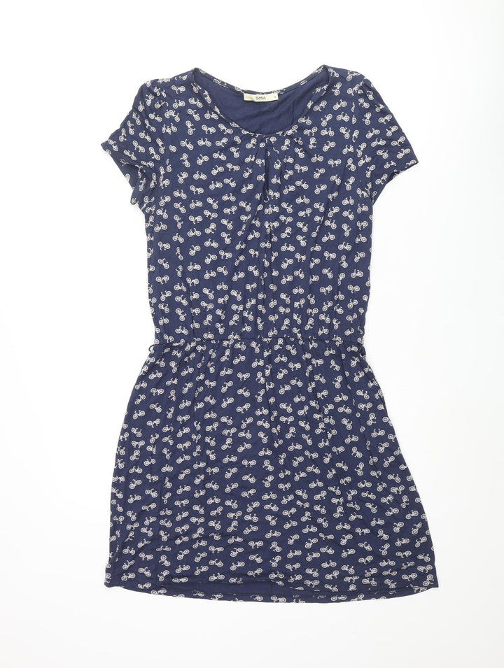 Oasis Womens Blue Geometric Viscose A-Line Size S Round Neck Pullover - Bicycle Pattern