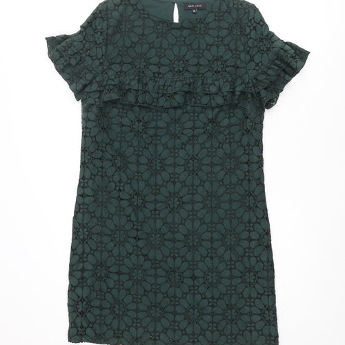 New Look Womens Green Floral Cotton Shift Size 10 Round Neck Button - Frill Sleeve