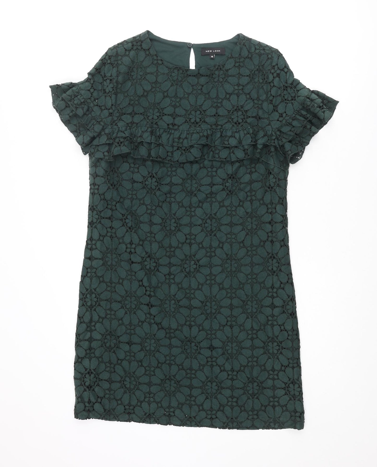 New Look Womens Green Floral Cotton Shift Size 10 Round Neck Button - Frill Sleeve