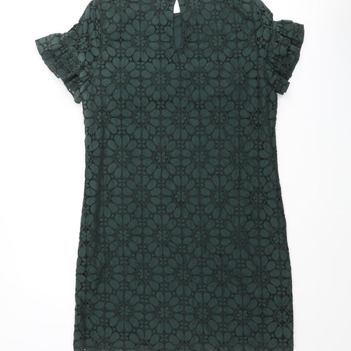 New Look Womens Green Floral Cotton Shift Size 10 Round Neck Button - Frill Sleeve