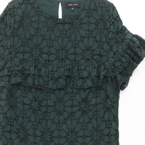 New Look Womens Green Floral Cotton Shift Size 10 Round Neck Button - Frill Sleeve