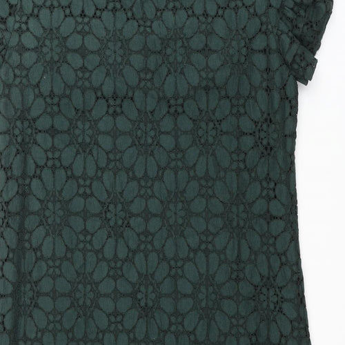 New Look Womens Green Floral Cotton Shift Size 10 Round Neck Button - Frill Sleeve