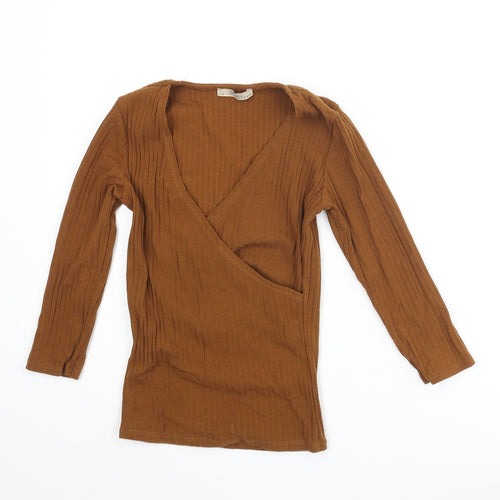 Bershka Womens Brown Cotton Basic Blouse Size M V-Neck - Ribbed Wrap Style