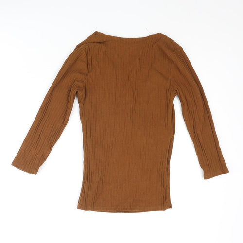 Bershka Womens Brown Cotton Basic Blouse Size M V-Neck - Ribbed Wrap Style