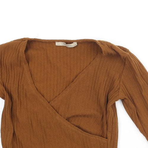 Bershka Womens Brown Cotton Basic Blouse Size M V-Neck - Ribbed Wrap Style