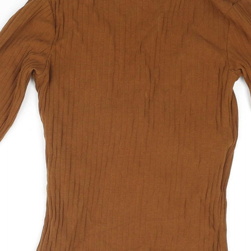 Bershka Womens Brown Cotton Basic Blouse Size M V-Neck - Ribbed Wrap Style