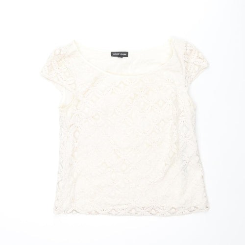 Warehouse Womens Ivory Geometric Cotton Basic Blouse Size 10 Round Neck