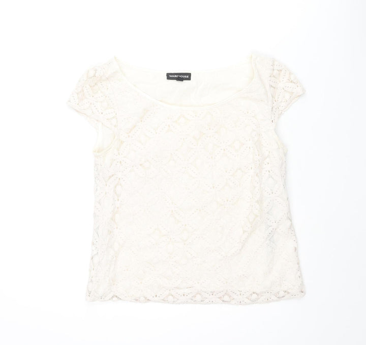 Warehouse Womens Ivory Geometric Cotton Basic Blouse Size 10 Round Neck