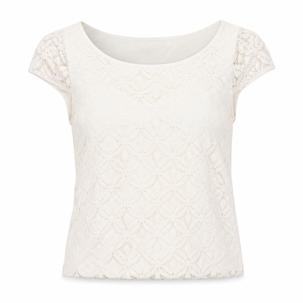 Front view of Warehouse women’s ivory geometric cotton basic blouse, size UK 10, round neck