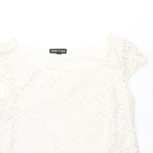 Warehouse Womens Ivory Geometric Cotton Basic Blouse Size 10 Round Neck