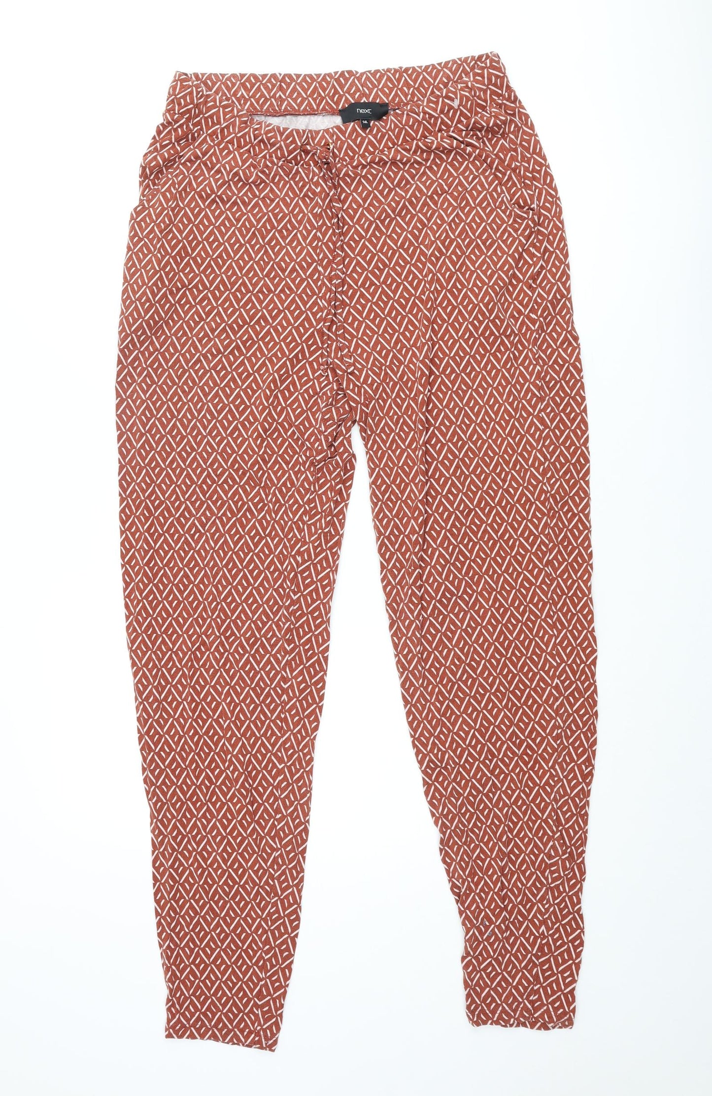 NEXT Womens Brown Geometric Viscose Harem Trousers Size 14 L34 in Regular Drawstring