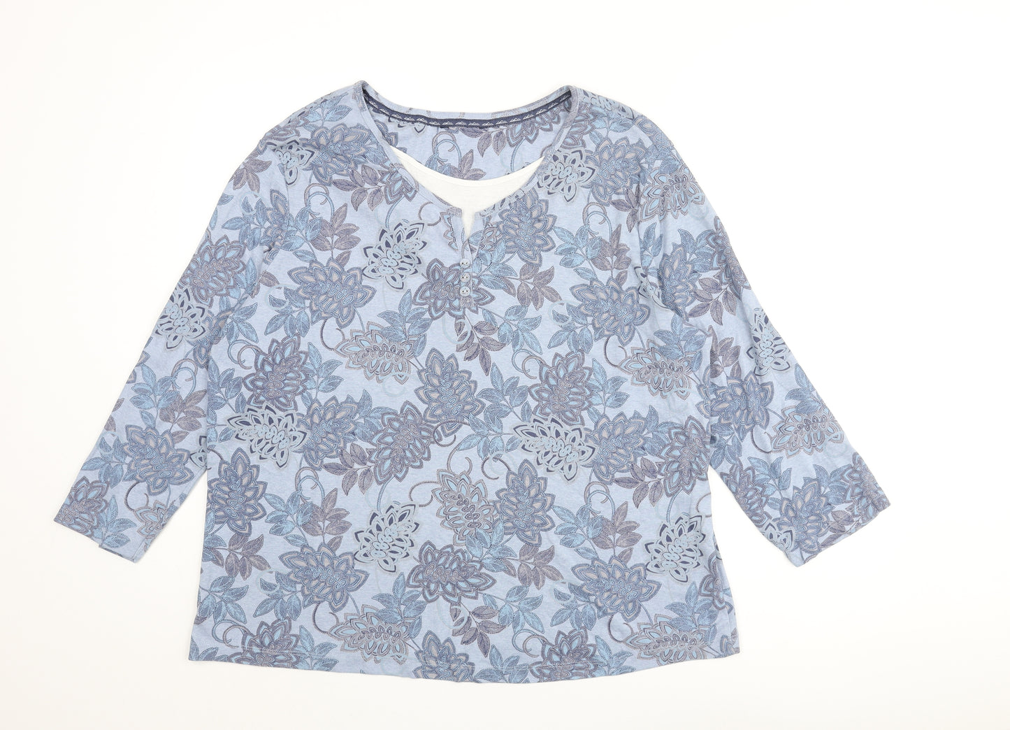 Maine Womens Blue Floral Cotton Basic Blouse Size 22 Round Neck - Layered