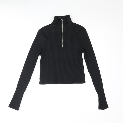 Topshop Womens Black Cotton Cropped Blouse Size 8 Mock Neck - Ribbed