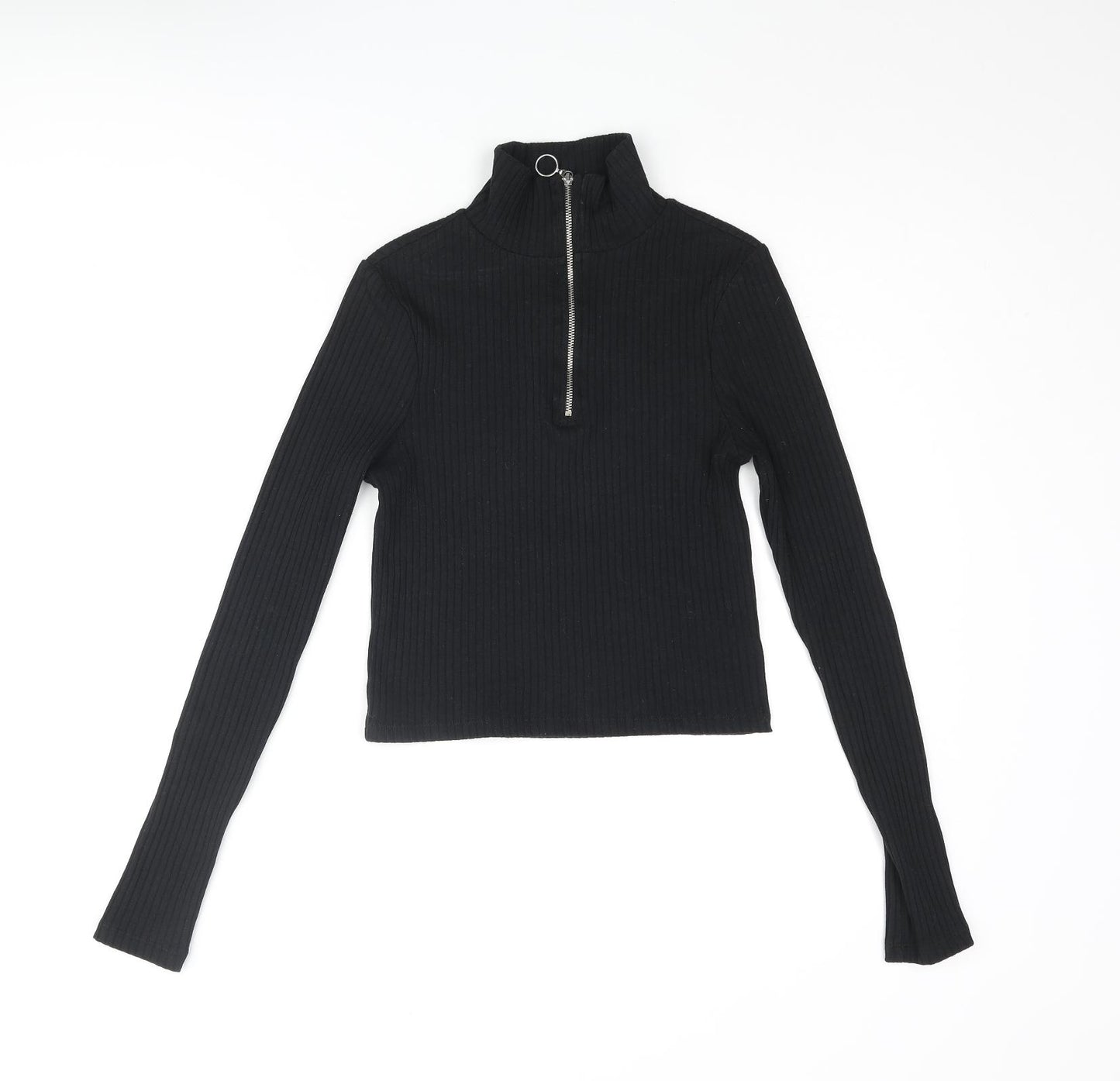 Topshop Womens Black Cotton Cropped Blouse Size 8 Mock Neck - Ribbed