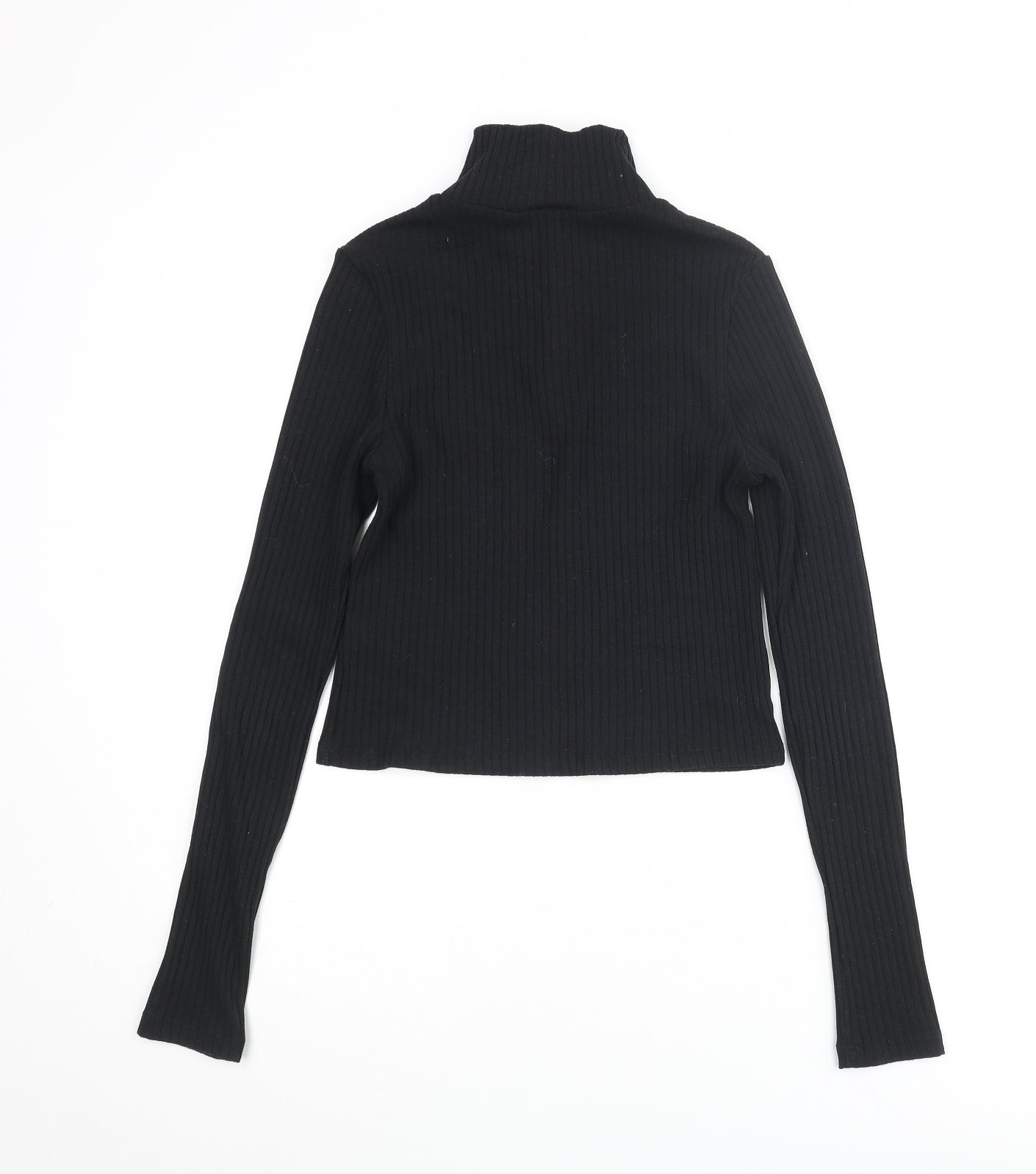 Topshop Womens Black Cotton Cropped Blouse Size 8 Mock Neck - Ribbed