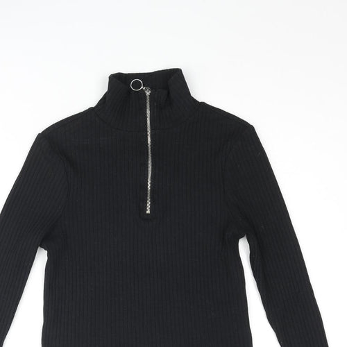 Topshop Womens Black Cotton Cropped Blouse Size 8 Mock Neck - Ribbed