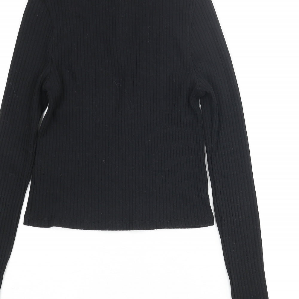 Topshop Womens Black Cotton Cropped Blouse Size 8 Mock Neck - Ribbed