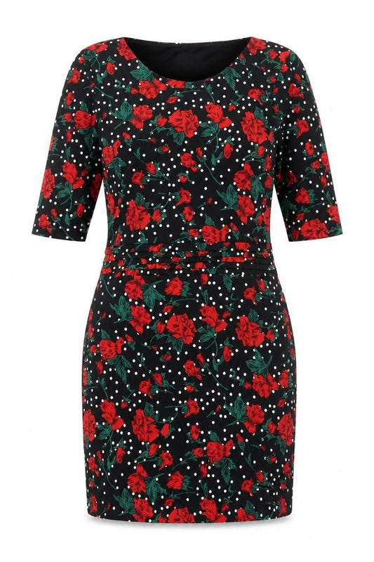 Front view of Stylist Pick women’s black floral polyester bodycon, size UK 10, round neck pullover