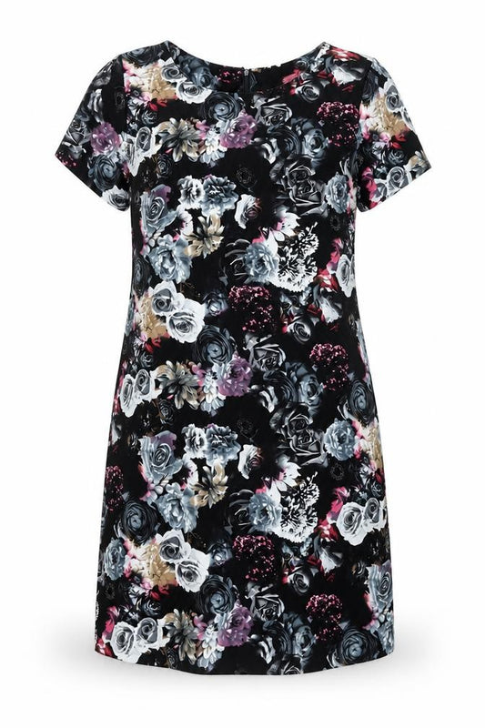 Front view of Cameo Rose women’s multicoloured floral polyester shift, size UK 12, round neck zip
