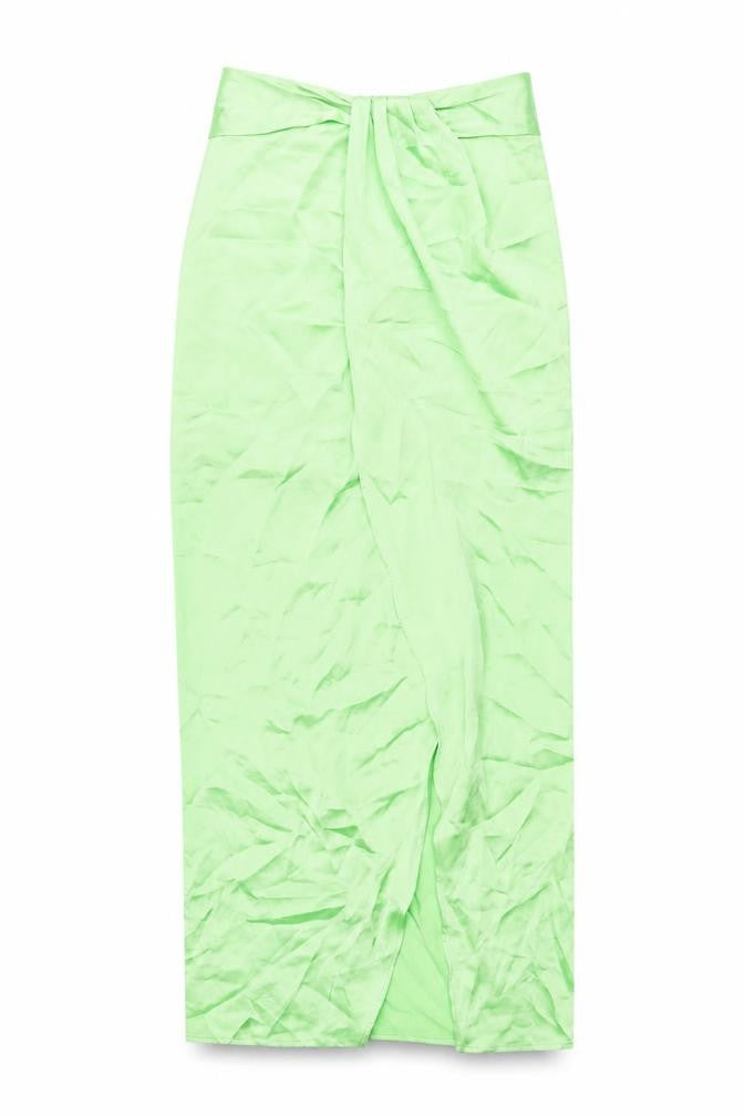 Front view of Zara women’s green polyester maxi skirt, size XS, zip - wrap style