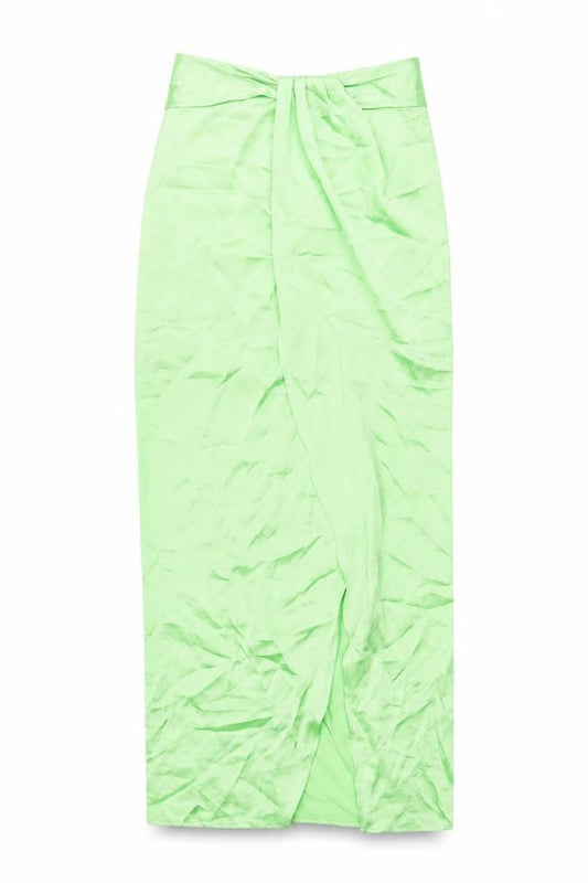 Front view of Zara women’s green polyester maxi skirt, size XS, zip - wrap style