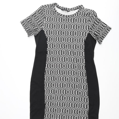Dorothy Perkins Womens Black Geometric Polyester Shift Size 16 Round Neck Pullover - Panelling Detail