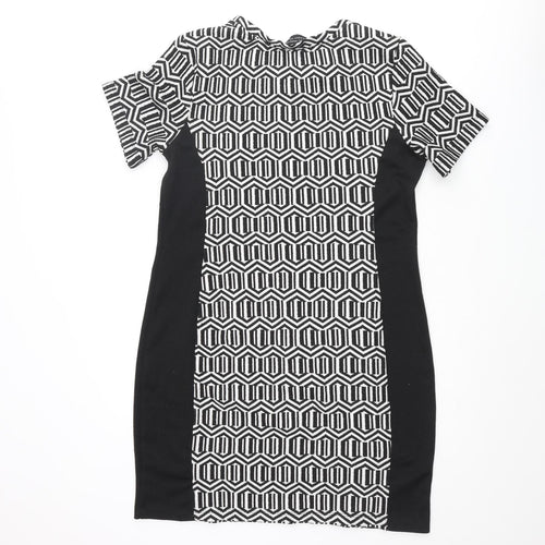 Dorothy Perkins Womens Black Geometric Polyester Shift Size 16 Round Neck Pullover - Panelling Detail