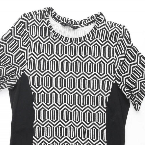 Dorothy Perkins Womens Black Geometric Polyester Shift Size 16 Round Neck Pullover - Panelling Detail