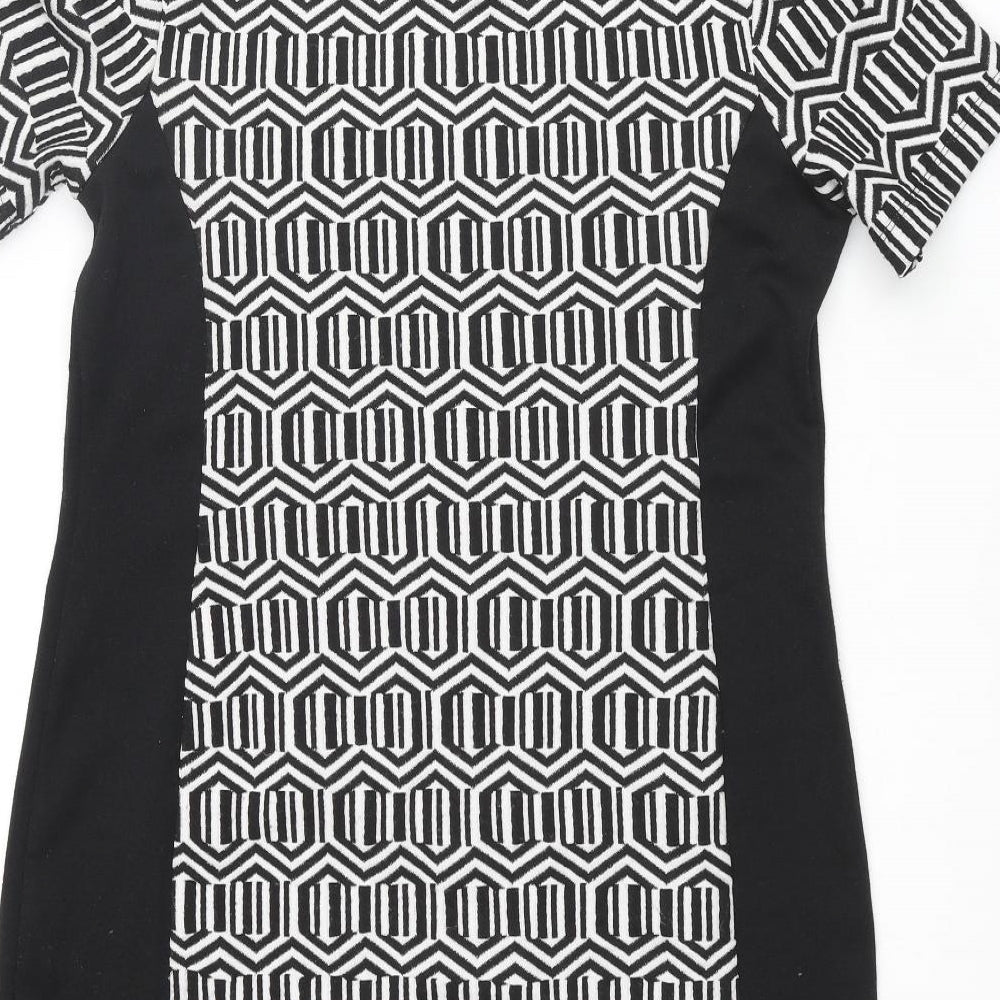 Dorothy Perkins Womens Black Geometric Polyester Shift Size 16 Round Neck Pullover - Panelling Detail