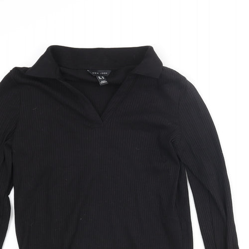 New Look Womens Black Cotton Basic Polo Size 14 Collared - Ribbed