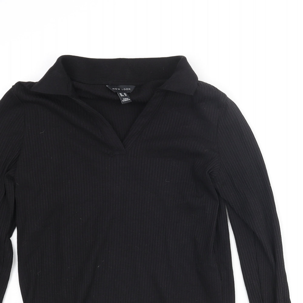 New Look Womens Black Cotton Basic Polo Size 14 Collared - Ribbed