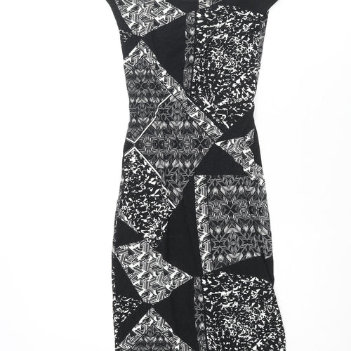 Miss Selfridge Womens Black Geometric Viscose Bodycon Size 8 Square Neck Pullover - Open Back Detail