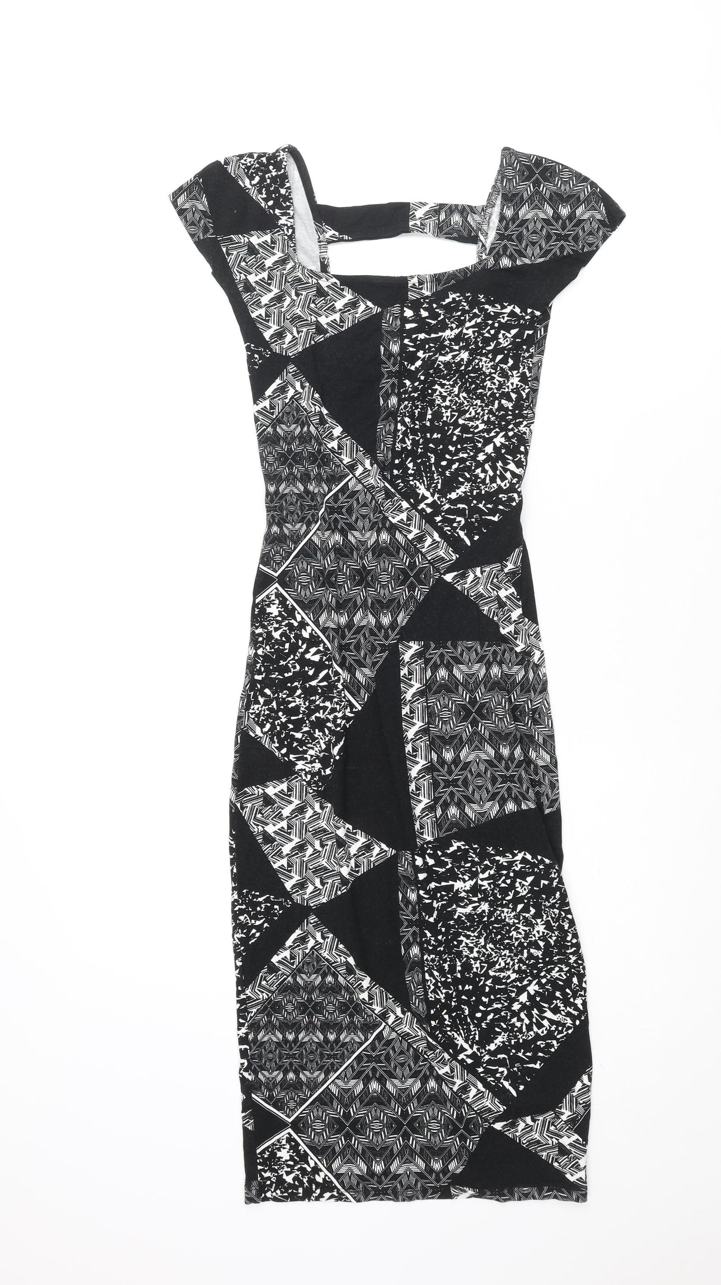 Miss Selfridge Womens Black Geometric Viscose Bodycon Size 8 Square Neck Pullover - Open Back Detail