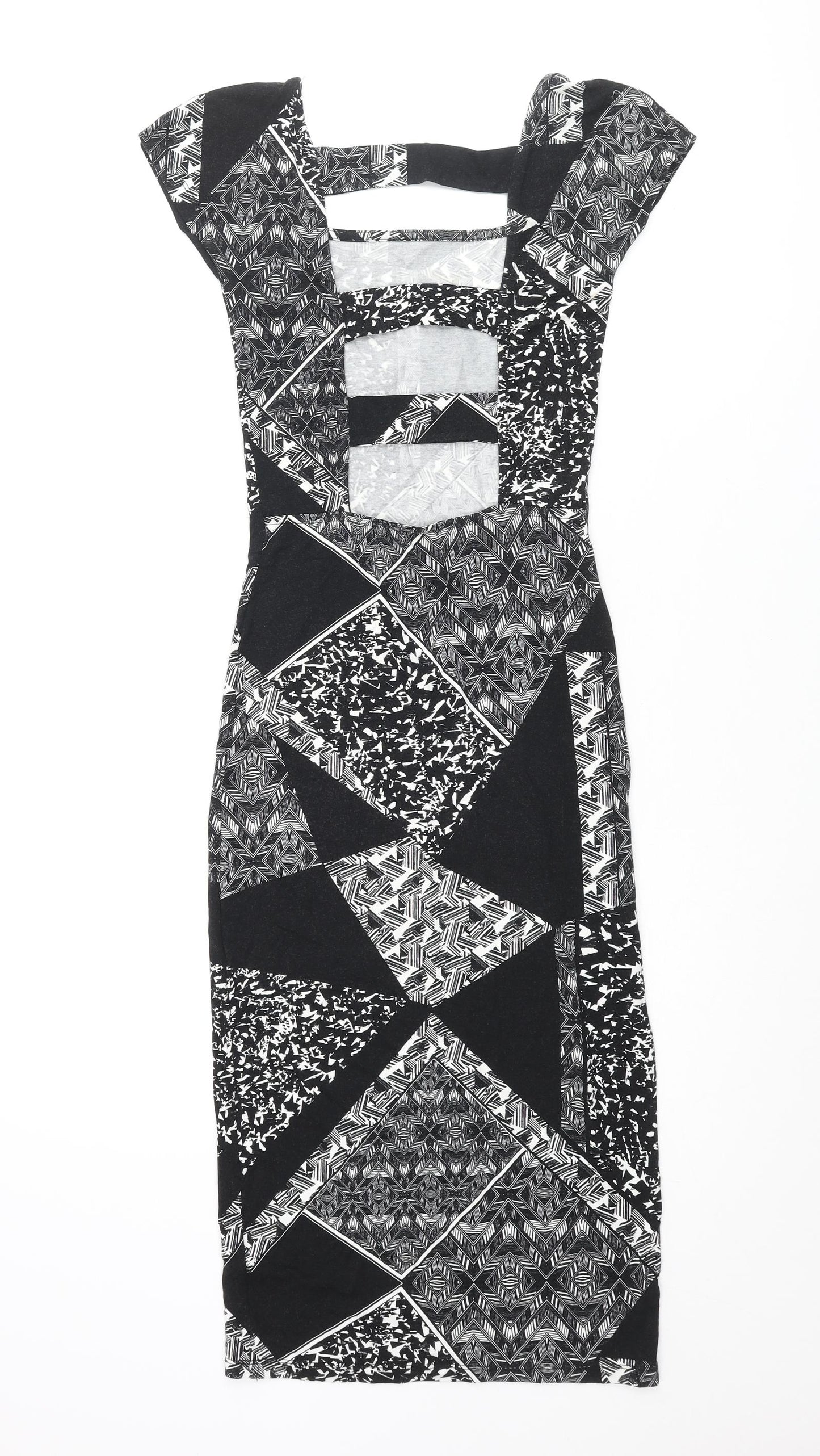 Miss Selfridge Womens Black Geometric Viscose Bodycon Size 8 Square Neck Pullover - Open Back Detail