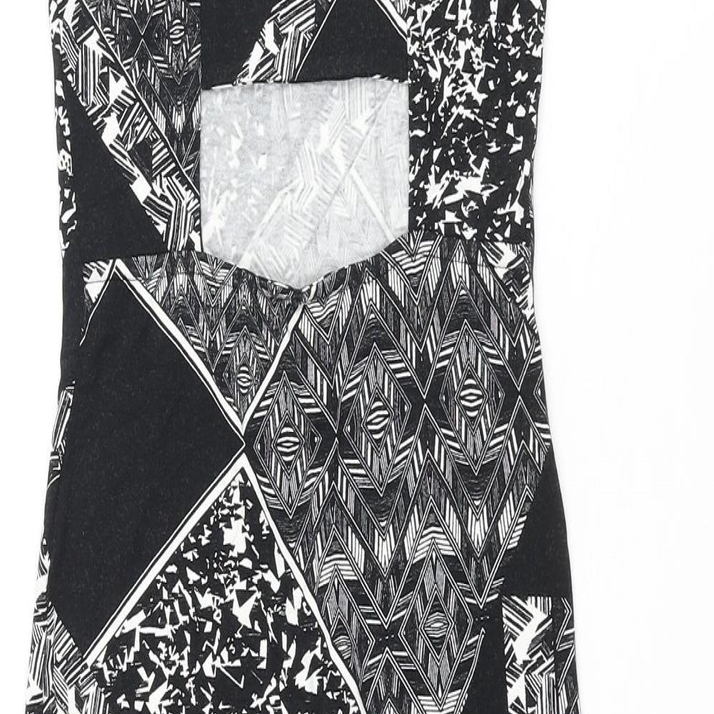 Miss Selfridge Womens Black Geometric Viscose Bodycon Size 8 Square Neck Pullover - Open Back Detail