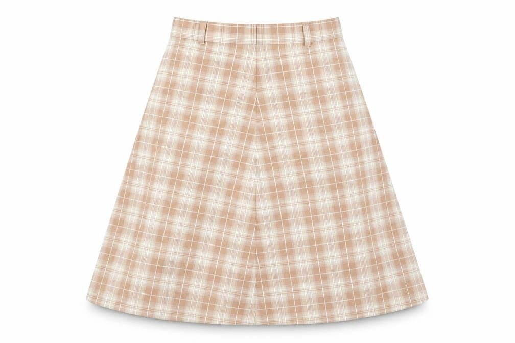 Front view of Berwick women’s brown check polyester a-line skirt, size UK 24, in zip