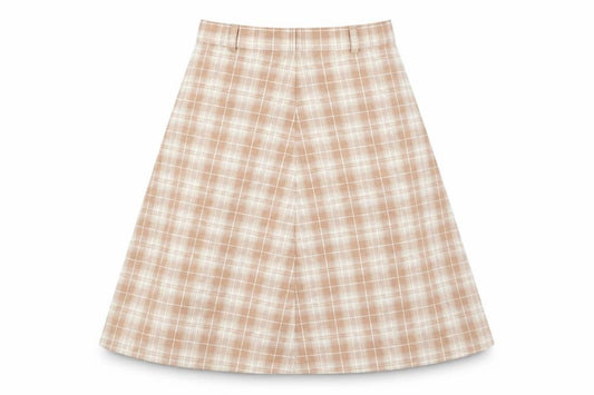Front view of Berwick women’s brown check polyester a-line skirt, size UK 24, in zip