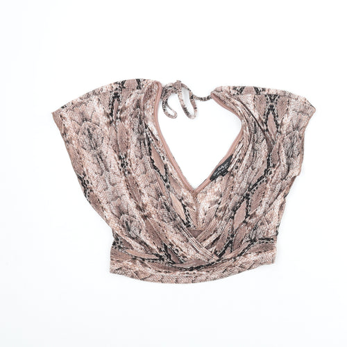 Miss Selfridge Womens Brown Animal Print Polyamide Cropped Blouse Size 8 V-Neck - Snake Print Plisse