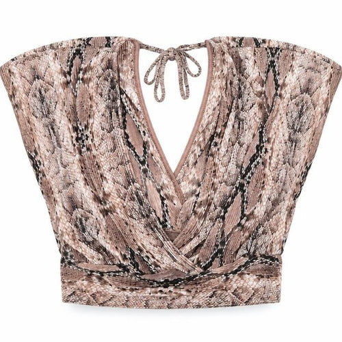 Miss Selfridge Womens Brown Animal Print Polyamide Cropped Blouse Size 8 V-Neck - Snake Print Plisse