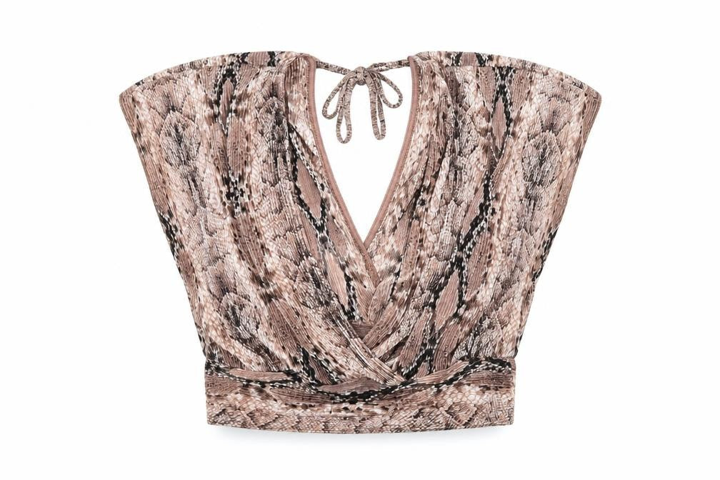 Miss Selfridge Womens Brown Animal Print Polyamide Cropped Blouse Size 8 V-Neck - Snake Print Plisse