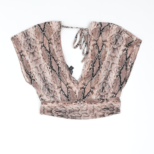 Miss Selfridge Womens Brown Animal Print Polyamide Cropped Blouse Size 8 V-Neck - Snake Print Plisse