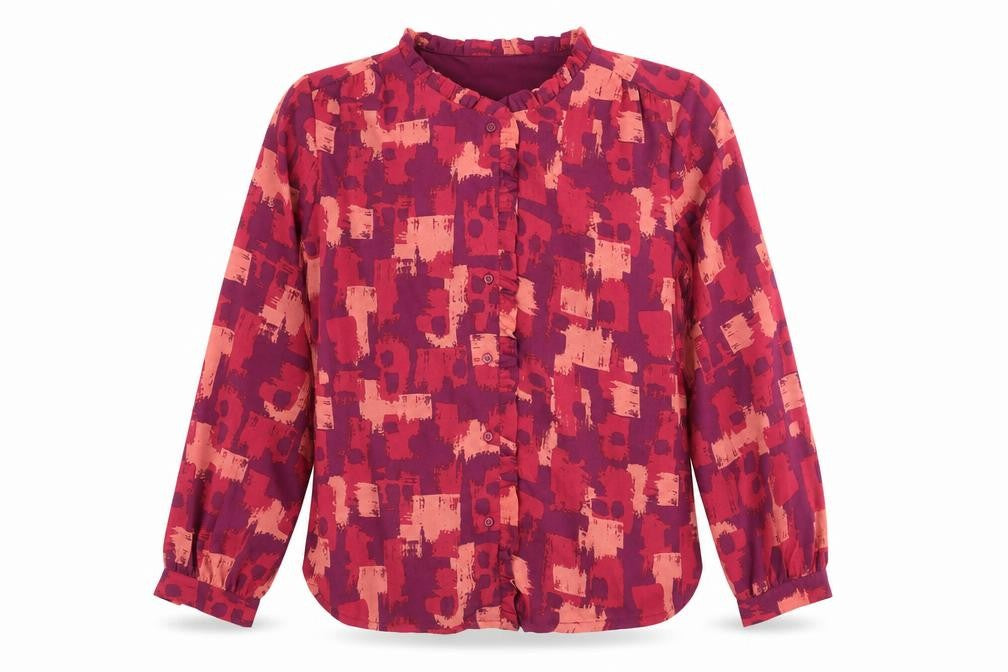 Front view of Damart women’s purple geometric polyester basic blouse, size UK 14, mock neck - frill