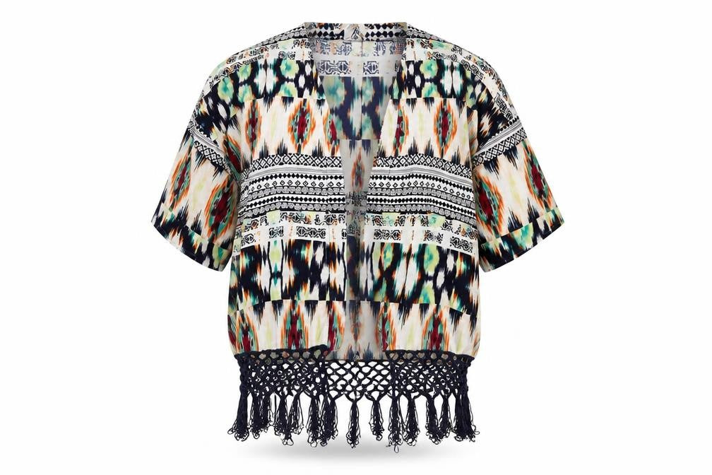Front view of Only women’s multicoloured geometric polyester kimono blouse, size UK 14, v-neck - fringe hem