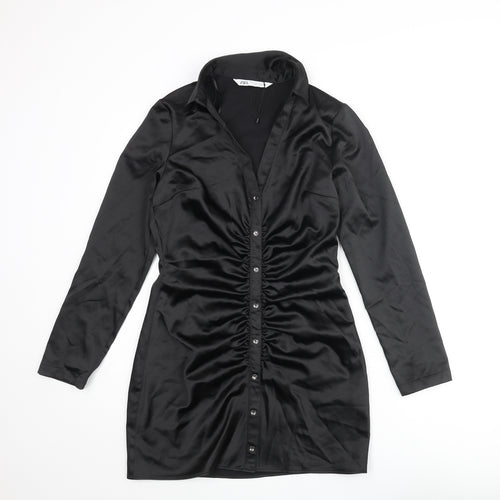 Zara Womens Black Polyester Shirt Dress Size M Collared Zip - Button Detail Rouched