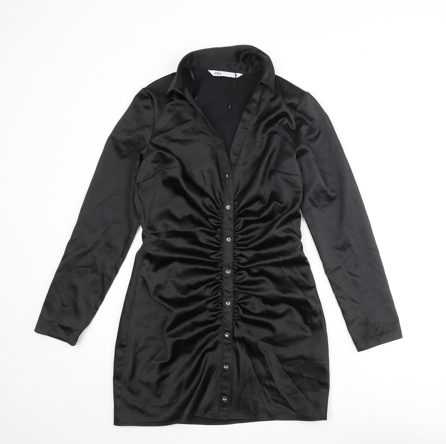 Zara Womens Black Polyester Shirt Dress Size M Collared Zip - Button Detail Rouched