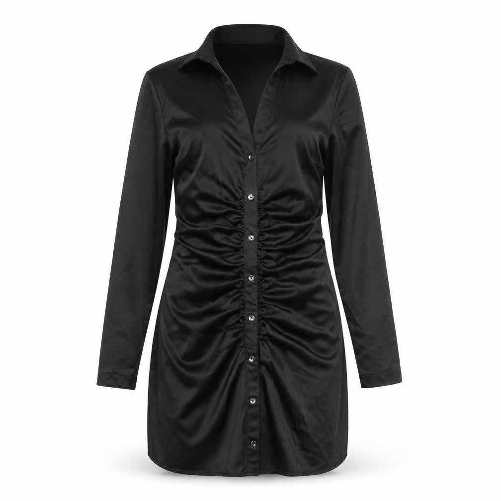 Zara Womens Black Polyester Shirt Dress Size M Collared Zip - Button Detail Rouched