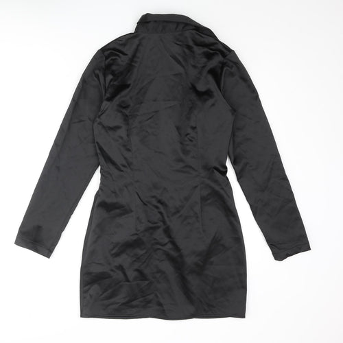 Zara Womens Black Polyester Shirt Dress Size M Collared Zip - Button Detail Rouched