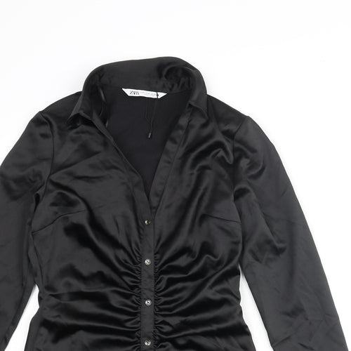 Zara Womens Black Polyester Shirt Dress Size M Collared Zip - Button Detail Rouched