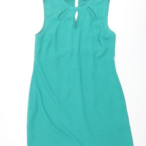 Oasis Womens Green Polyester Shift Size 14 Round Neck Button - Cut Out Detail