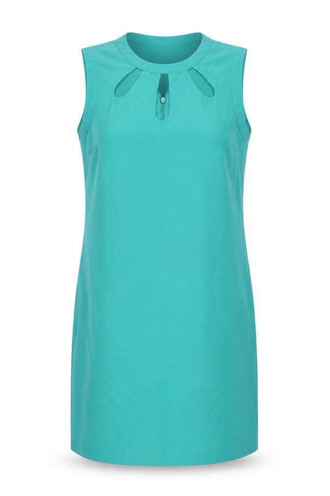 Front view of Oasis women’s green polyester shift, size UK 14, round neck button - cut out detail